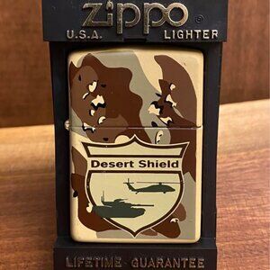 Vintage 1990 Desert Shield Camouflage Zippo Lighter NIB with Display